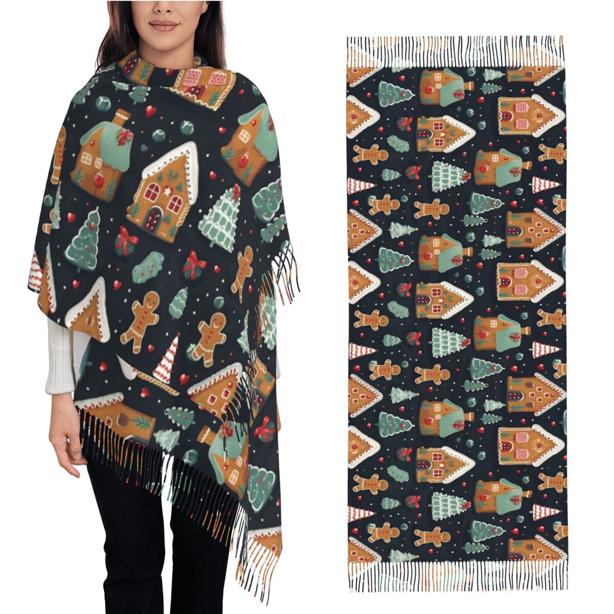 クリスマスの喜び - 女性用の幻想的なジンジャーブレッド柄と - Pashmina Wrap Large のレビューと価格